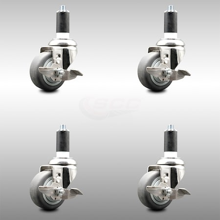 Service Caster 3 Inch 316SS Thermoplastic Rubber Swivel 1-1/4 Inch Stem Caster Set Brake SCC SCC-SS316EX20S314-TPRB-TLB-114-4